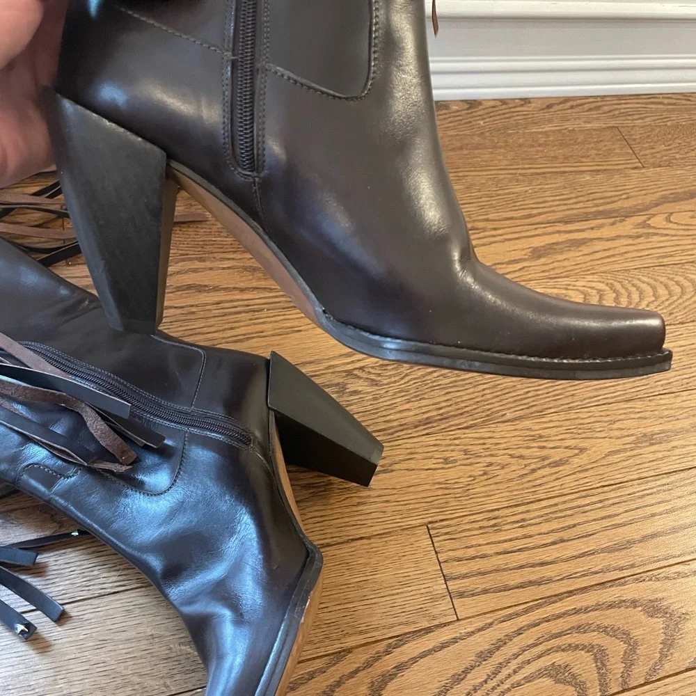 Donald J Pliner Western Couture Leather Studded Fringe Heeled Boots - Picture 5 of 15